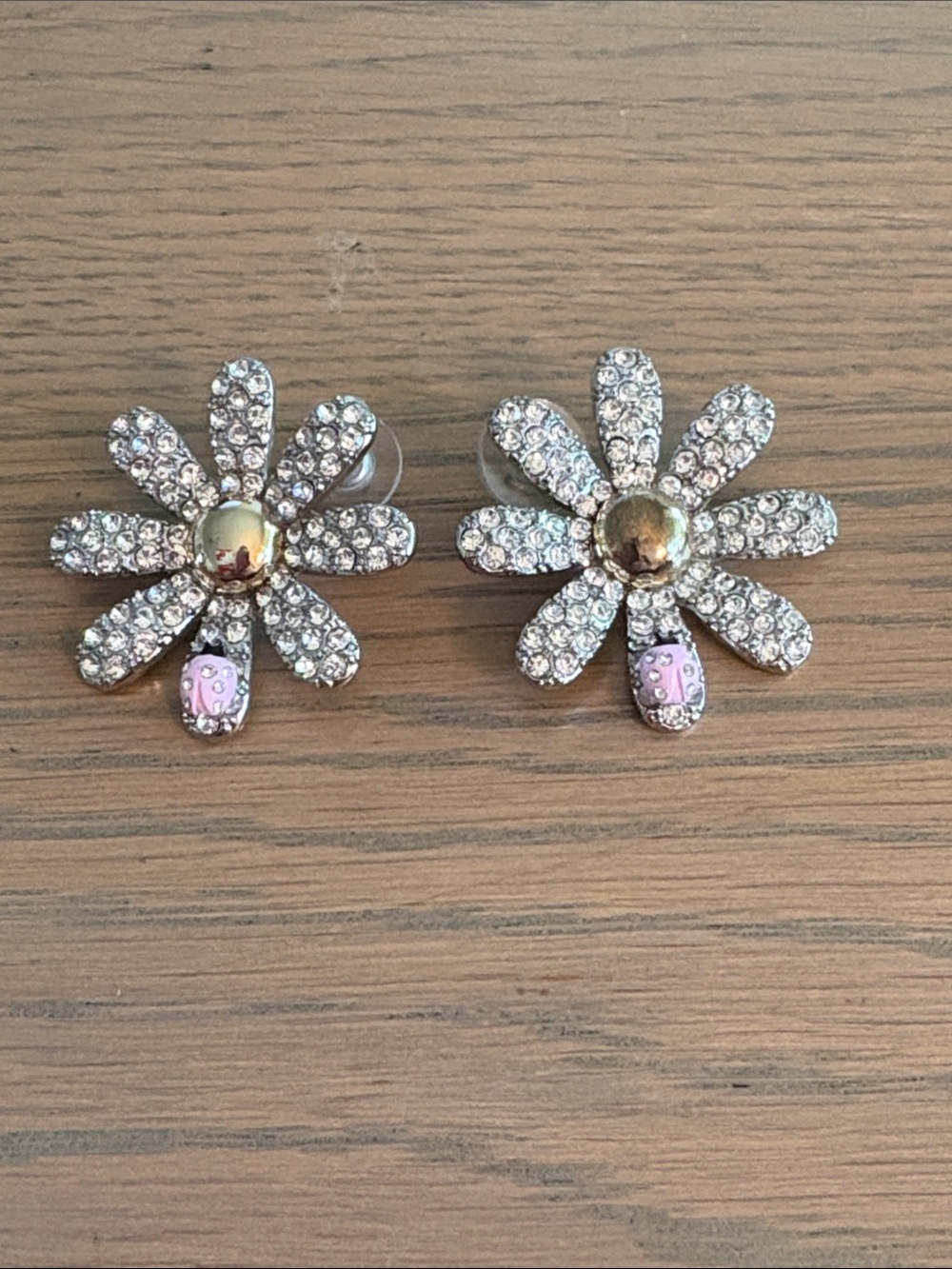 Betsey Johnson Crystal Daisy Stud Earrings in Silver and Gold with Pink Ladybugs